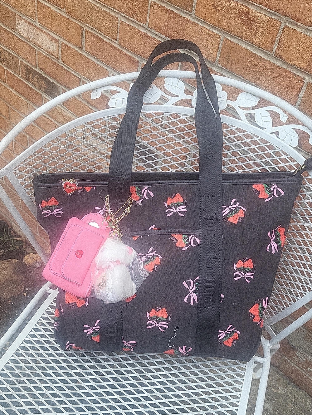 Juicy Couture Black Tote Bag with Pink Strawberry & Bow Print
